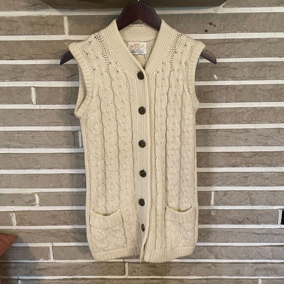 Lambswool Cyn Les sweater vest Cableknit cream aran preppy vintage fisherman - Picture 7 of 9